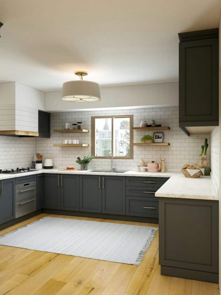 U-shaped kitchen layout, showcasing a functional layout, clear work triangle, and modern design for efficient cooking and entertaining.